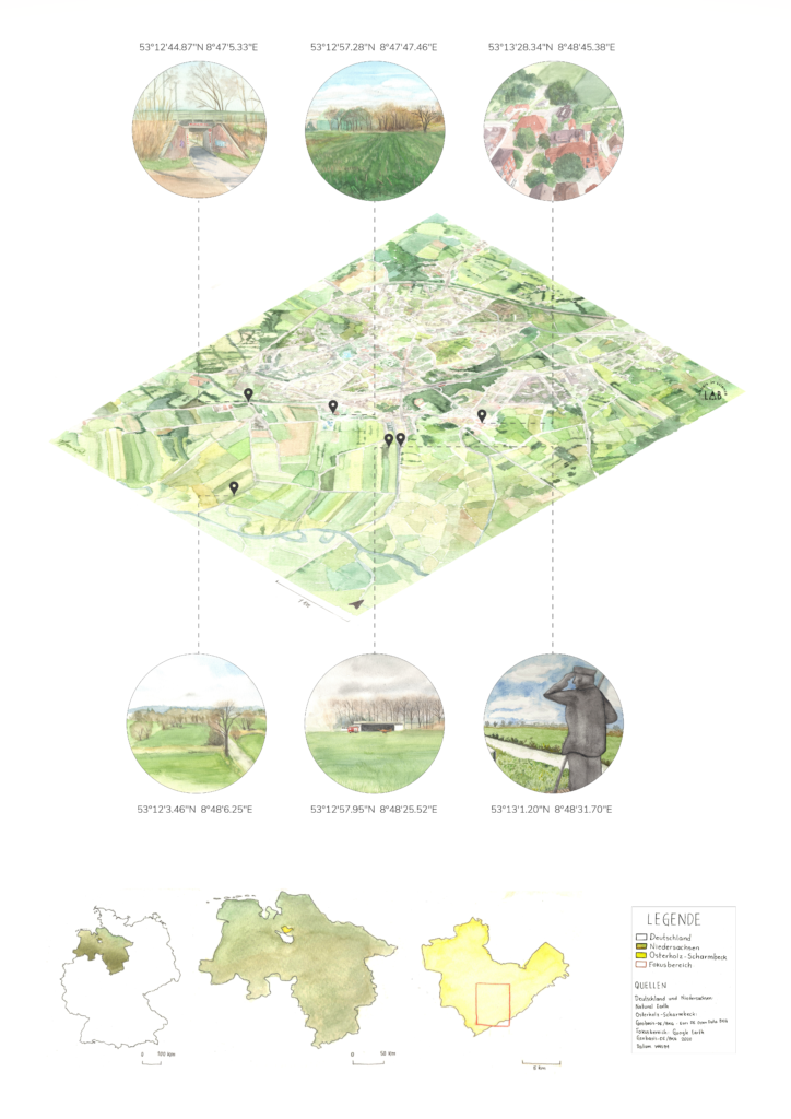 Location map of represented places in Osterholz-Scharmbeck, it shows six diferent paintings of the locations and the geographic coordinates on the plane. It also shows the location of Osterholz-scharmbeck in Lower Saxony, and Germany.